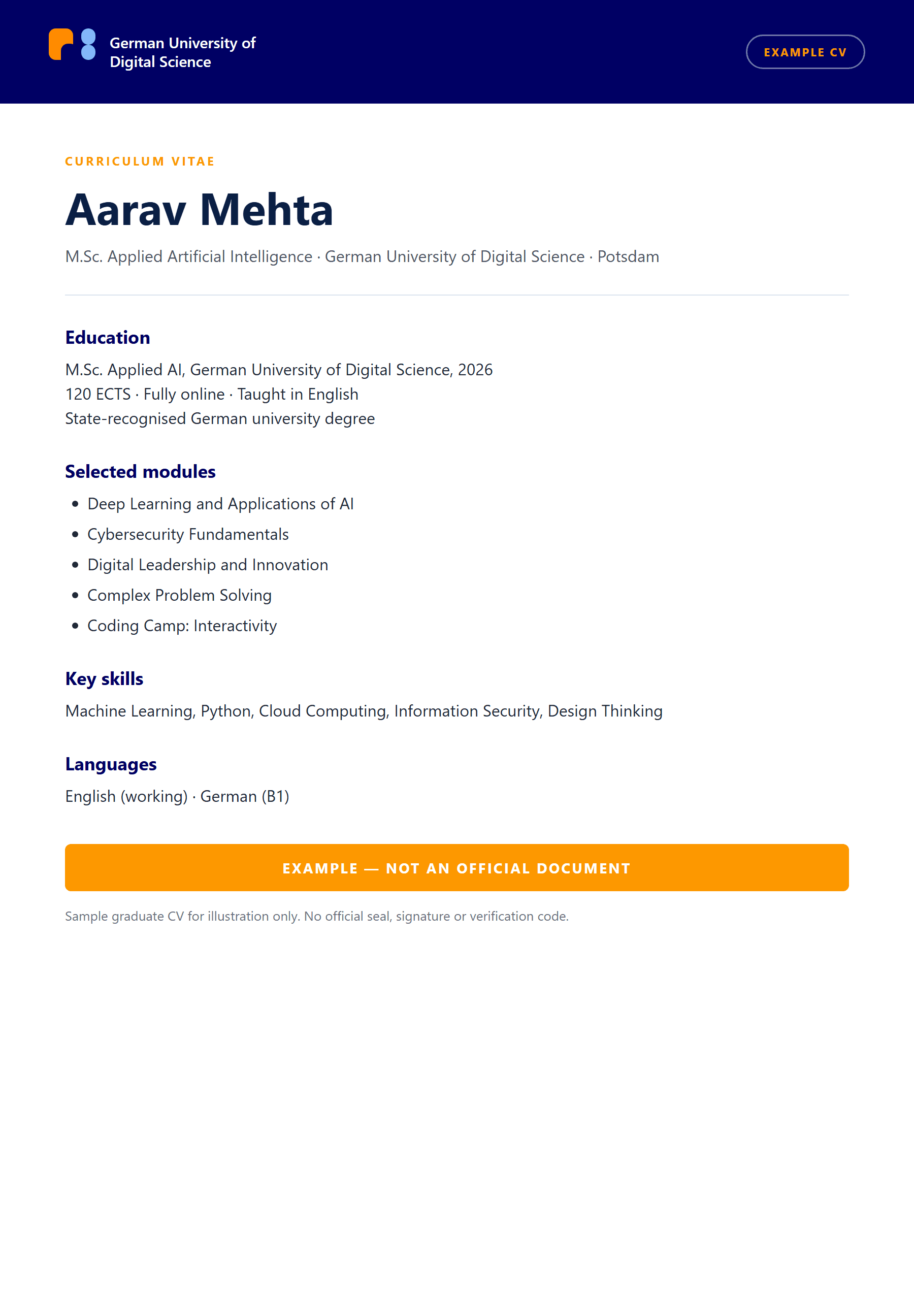 Example graduate CV with a German UDS Master's (sample, signatures removed)